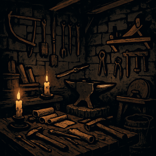 A medieval craftsman's workshop, cluttered with wooden tools, candlelight flickering on iron anvils and scrolls, stone walls, dusty air, dark fantasy realism.
In-Game asset.  2d.  High contrast.  No shadows