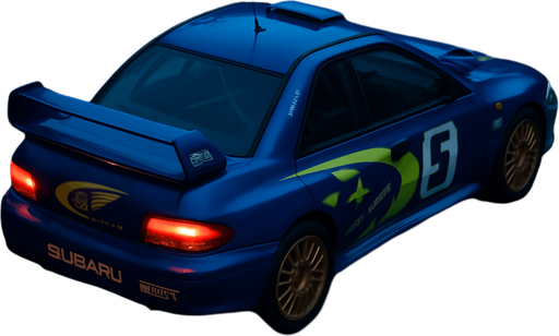 Photorealistic Subaru Impreza WRC in nightlight, drone topview from back and 45 degrees angle in top right corner