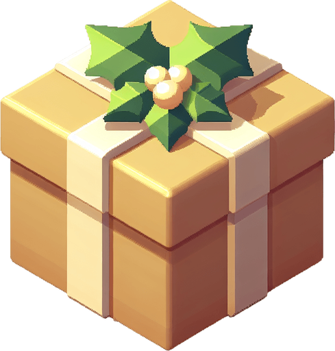 a big light brown and yellow christmas gift decorated with holly leaf. isometric view. no floor. Single Game Texture. In-Game asset. 2d. Blank background. High contrast. No shadows.