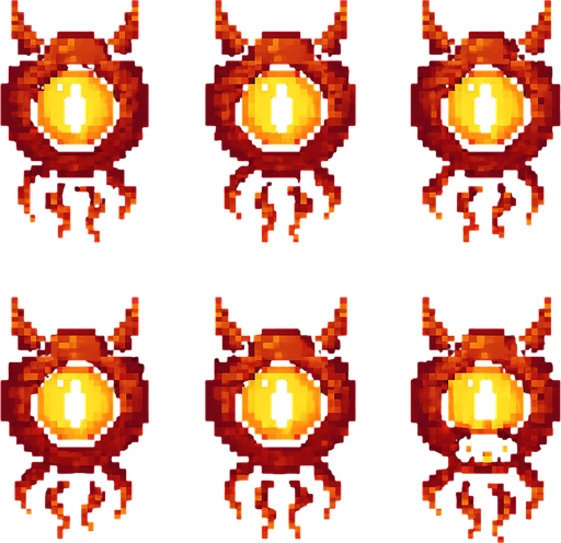 Generate a sprite sheet for a floating demon eye. Front side view. Include one attack sprite with mouth open. Retro pixel graphics..
In-Game asset.  2d.  High contrast.  No shadows