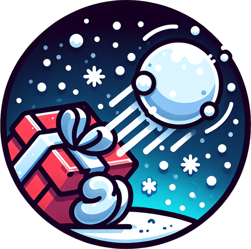 Icon for a snowball hitting a present in the sky, on a circle, with the text „Snowball Delivery“ at top, cartoon, christmas style Single Game Texture. In-Game asset. 2d. Blank background. High contrast. No shadows.