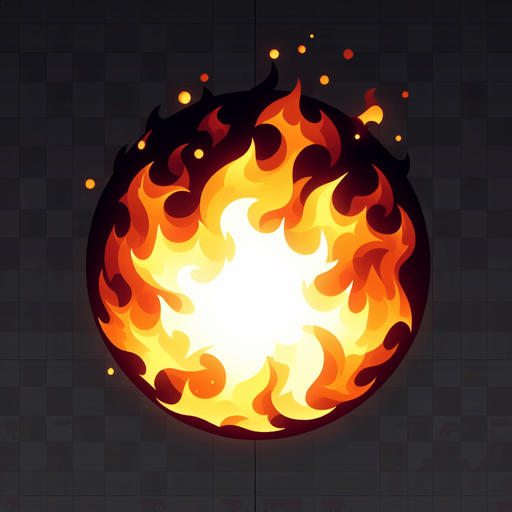 A ball of fire , white in center and darker around the edges.
Single Game Texture. In-Game asset. 2d. Blank background. High contrast. No shadows.