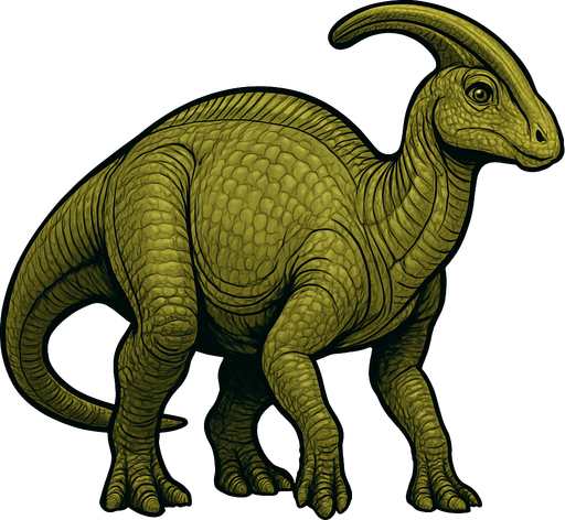 A large Parasaurolophus dinosaur with smooth, greenish-brown scaly skin. It has a long, curved cranial crest extending from the back of its head. The body is bulky with thick legs and a long tail. The skin shows detailed scales with subtle shading and wrinkles. The head has gentle eyes and a broad snout..
In-Game asset.  2d.  High contrast.  No shadows
