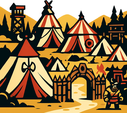 Büyük savaşçı kampı uzaktan görünüm.
In-Game asset.  2d.  High contrast.  No shadows