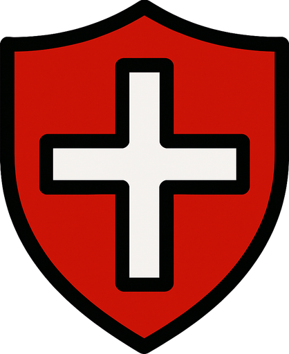 a red shield with a white cross on it.
In-Game asset.  2d.  High contrast.  No shadows
