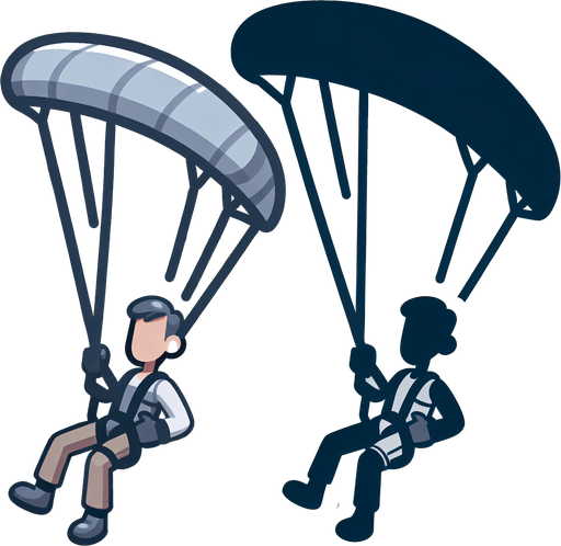 Человек летит на параплане. Мультяшный.
Single Game Texture.  In-Game asset.  2d.  Blank background.  High contrast.  No shadows