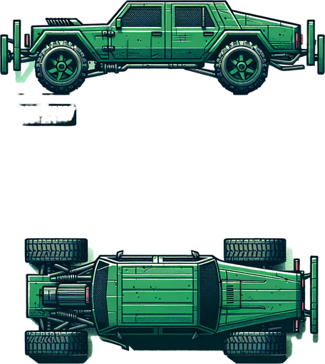 green thug car. orthographic top view.
Single Game Texture.  In-Game asset.  2d.  Blank background.  High contrast.  No shadows