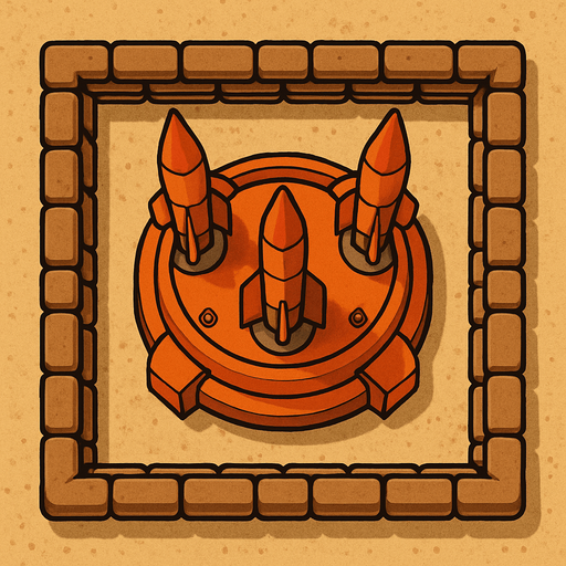 Top view of an Orange defense Military tower Rockets, in the desert, the image has a square border outlined by military defense Brown sandbags.
In-Game asset.  2d.  High contrast.  No shadows