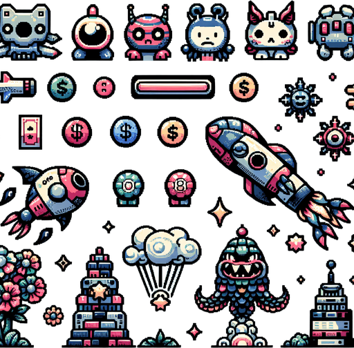 Spritesheet. Spaceships, spacemonsters, cash, powerups. Studio Ghibli. Ghibli style. Mobile game. Colorful. hand drawn. cute. fun. In-Game asset. 2d. Blank background. High contrast. No shadows..