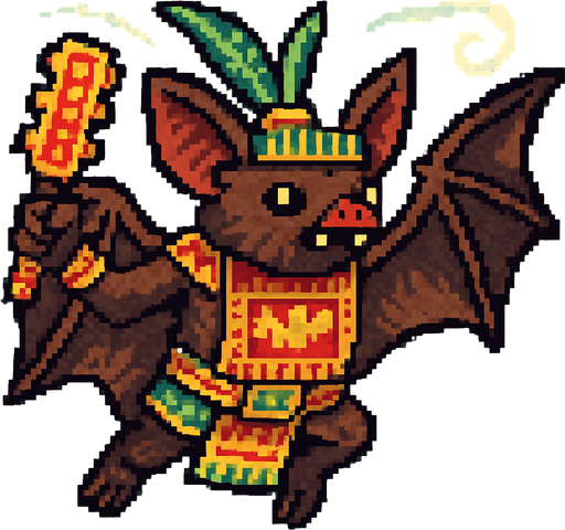 Generame un guerrero azteca con patrones, estilo pixelar, además será Murciélago frugívoro, unidad voladora con alas, con efectos de viento. Tiene que ser un animal..
In-Game asset.  2d.  High contrast.  No shadows