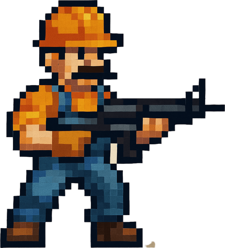 un hombre obrero hecho con pixeles de cuerpo completo sosteniendo un arma