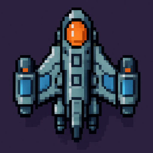 Una nave espacial futurista mirada desde arriba en pixel art.
In-Game asset.  2d.  High contrast.  No shadows