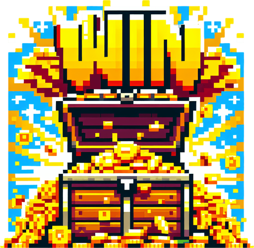 simple golden text saying "WIN". text is bursting out of the treasure chest with golden coins bursting behind the text. pirate themed banner. pixelated. 8 bit..
Single Game Texture. In-Game asset. 2d. Blank background. High contrast. No shadows.