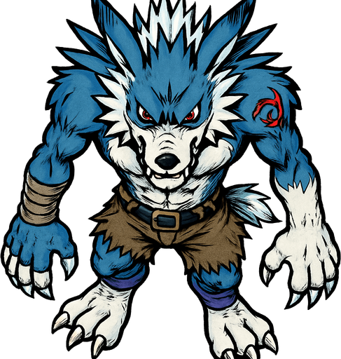 WereGarurumon, visto desde arriba, detalles muy altos, sin errores, original
In-Game asset.  2d.  High contrast.  No shadows