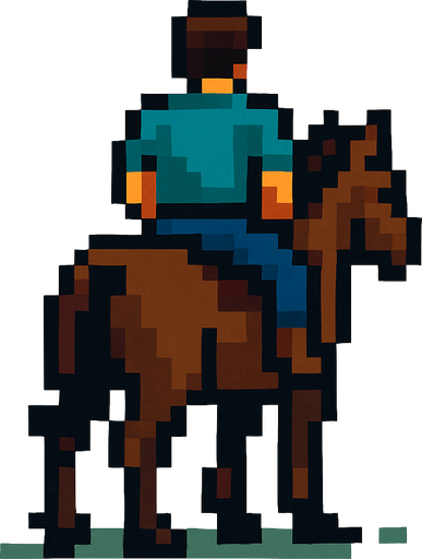at üstünde olan pixel bir adam arkası dönük.
In-Game asset.  2d.  High contrast.  No shadows