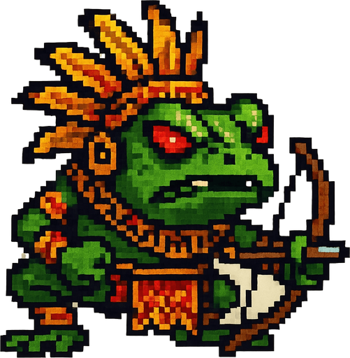 Genérame una Rana de Cristal  guerrero azteca con eso patrones, estilo pixelar, con una apariencia maligna, ojos rojos, rabioso. Unidad a distancia, con un arco o cerbatana. Animal.
In-Game asset.  2d.  High contrast.  No shadows