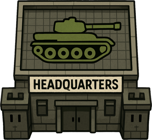 Kuş bakışı acısından bir karargah binası ve çatısımda tank resmi
In-Game asset.  2d.  High contrast.  No shadows