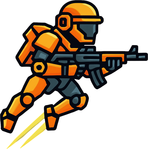 tentara robot terbang sambil memegang senjata rifle. side scroll view.
In-Game asset.  2d.  High contrast.  No shadows