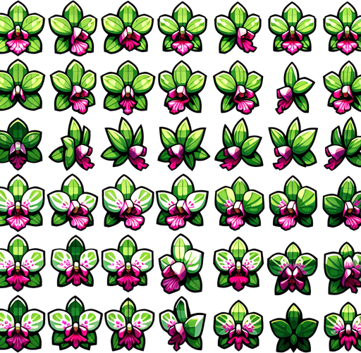 A sprite sheet of different green orchids with pink streaks seen from above. Cartoon. All similar size. Just the blossom. Bold colors and shading. 
Single Game Texture. In-Game asset. 2d. Blank background. High contrast. No shadows.