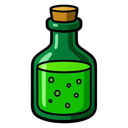 Yeşil bir şişe içinde yeşil sıvı var.
In-Game asset.  2d.  High contrast.  No shadows