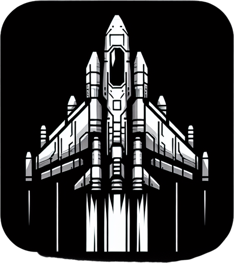 military spaceship flies upward.
Single Game Texture. In-Game asset. 2d. Blank background. High contrast. No shadows.