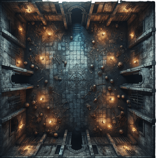 A dark, stone-walled dungeon chamber viewed directly from above. The floor is uneven with scattered bones and chains. Each wall has an entrance centered in the middle, like arched doorways, positioned on the top, bottom, left, and right sides. The room fills the entire frame, with torch-lit ambiance..
Full-frame, top-down view of a stone-walled dungeon chamber. Uneven floor, bones, chains, torch lighting. Open, arched entrances centered on each wall: top, bottom, left, and right. No 3D perspective, even lighting.