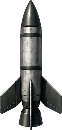 Füze, üstten görünüm, gerçekçi, yazısız.
In-Game asset.  High contrast.  No shadows