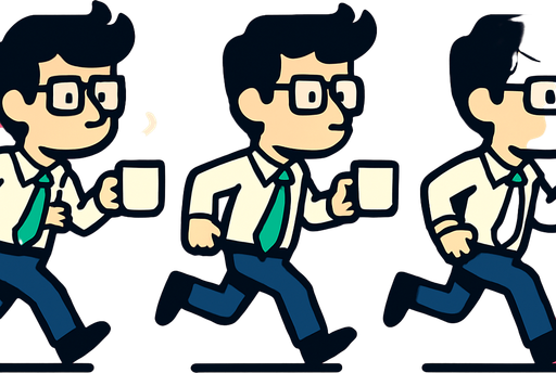 Intern holding a coffee cup running 3 frames.
In-Game asset.  2d.  High contrast.  No shadows