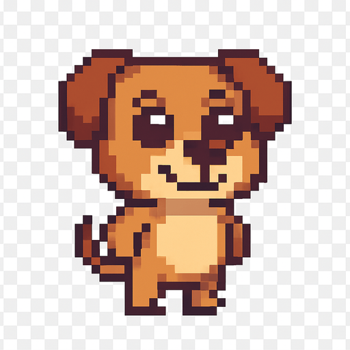 El perro debe ser un personaje adorable y expresivo en estilo pixel art, con cuerpo compacto y simpático, orejas grandes (pueden ser caídas o puntiagudas según la raza), ojos redondos y brillantes que transmitan alegría, y una cola visible que se mueva suavemente; su pelaje puede ser marrón, beige, blanco o una combinación simple de colores, con un diseño caricaturesco fácil de reconocer; debe estar de pie sobre dos patas traseras como un personaje antropomorfo, con una leve sonrisa y movimiento de balanceo o parpadeo como animación sutil; el fondo debe ser transparente y su estilo visual debe encajar en un juego casual, amigable y colorido..
In-Game asset.  2d.  High contrast.  No shadows