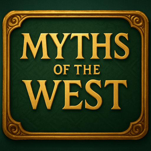 Kare ama köşeleri oval bir banner. LOTR tarzı. Yeşil ve altın sarısı ağırlıklı. İçinde "Myths of the West" yazıyor.