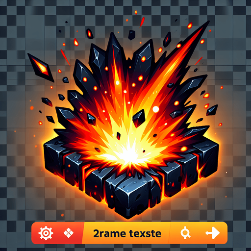fire explode with piece of black steel.
Single Game Texture.  In-Game asset.  2d.  Blank background.  High contrast.  No shadows