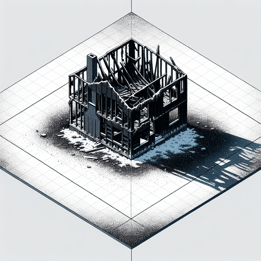 overhead view of charred remains of a completely burned down box house snowy lawn video game asset 2d blank background Single Game Texture. In-Game asset. 2d. Blank background. High contrast. No shadows.
