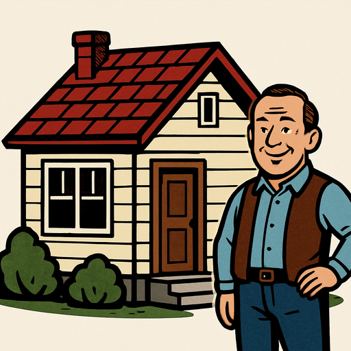 A realistic house with owner.
In-Game asset.  2d.  High contrast.  No shadows