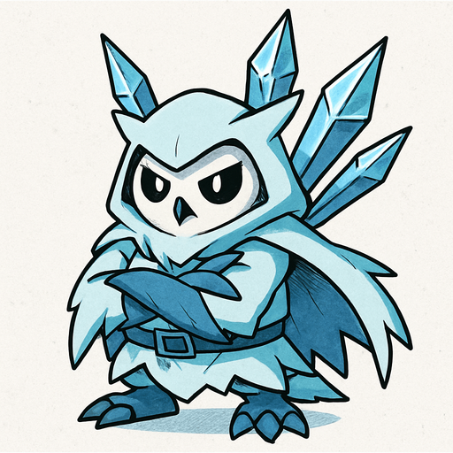 Um monstrinho do tipo Gelo inspirado em Pokémon e Digimon com aparência de Coruja fantasma classe guerreiro com lanças de Gelo nas costas arte com contorno de preto