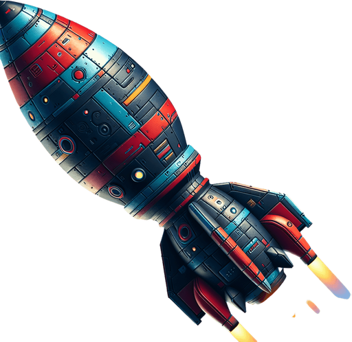 Single space torpedo flying upwards in colour.
Single Game Texture. In-Game asset. 2d. Blank background. High contrast. No shadows.