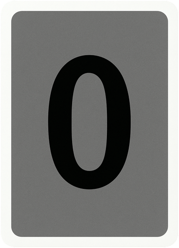 Rectangular card numbered 0, with a white border around it and a gray background..
In-Game asset.  2d.  High contrast.  No shadows
