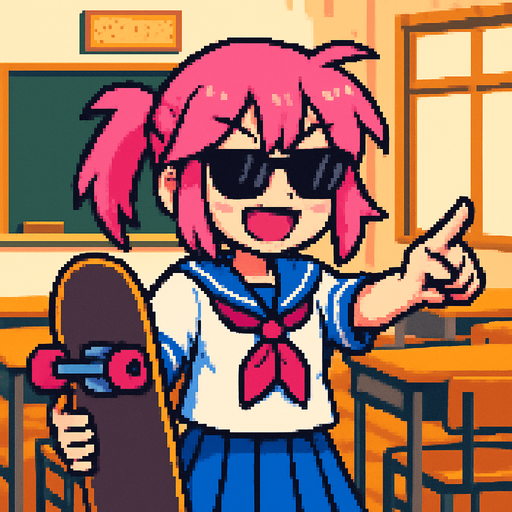 She’s a cute anime girl with a free-spirited and rebellious vibe. Her hair is pink, and she’s wearing a traditional Japanese school uniform (sailor fuku). She sports dark sunglasses and holds a skateboard in one hand while pointing with the other. Her face lights up with a big smile and mischievous pink eyes that match her hair. In the background, there's a Japanese classroom, and the entire artwork is done in Pixel Art style..
In-Game asset.  2d.  High contrast.  No shadows