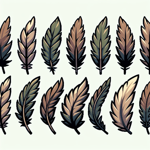 A sprite sheet of eagle feathers.
Single Game Texture. In-Game asset. 2d. Blank background. High contrast. No shadows.