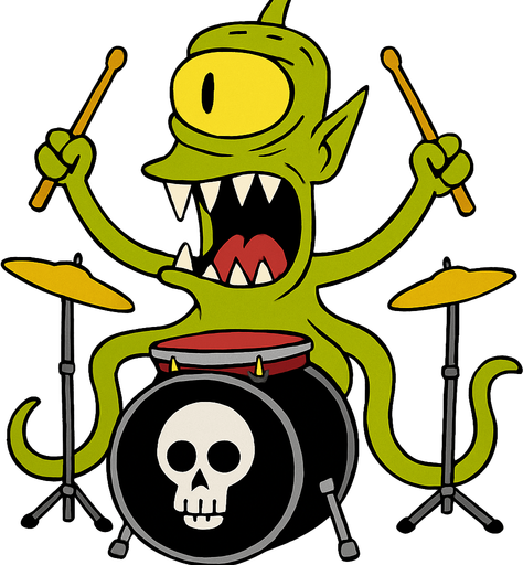 Make my character have drumsticks and be on top of drums and the big drum be black and have a white skull