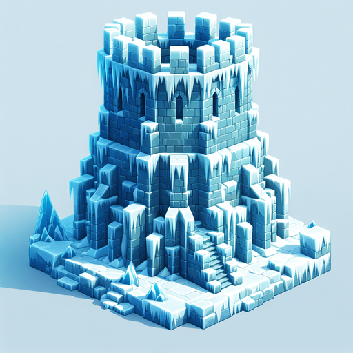 A turret tower built of ice blocks. Front view perspective. Single Game Texture. In-Game asset. 2d. Blank background. High contrast. No shadows.