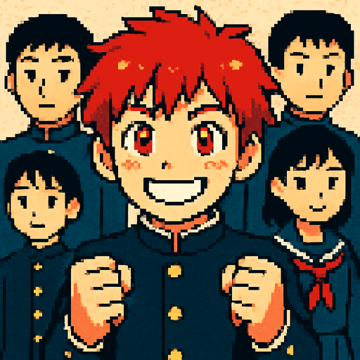 A cute 15-year-old red-haired boy with red eyes, wearing a traditional Japanese school uniform (gakuran). He has a big closed-mouth smile, shining eyes, and clenched fists held forward, as if encouraging himself. Behind him, other Japanese students can be seen. The scene is illustrated in Pixel Art style..
In-Game asset.  2d.  High contrast.  No shadows