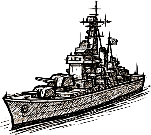 sketch tarzında cruıser savas gemısı.
In-Game asset.  2d.  High contrast.  No shadows