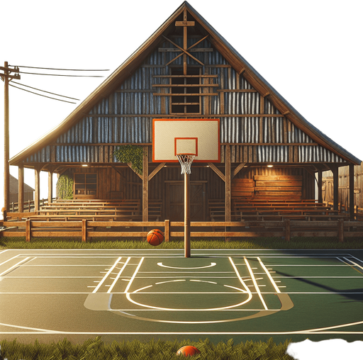 basketball barn background.
Single Game Texture. In-Game asset. 2d. Blank background. High contrast. No shadows.