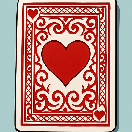 The back of a playing card. Red pattern with a heart in the center. Anime style..
In-Game asset.  2d.  High contrast.  No shadows