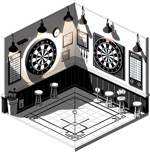 Dart shooting practice room.
Single Game Texture.  In-Game asset.  2d.  Blank background.  High contrast.  No shadows