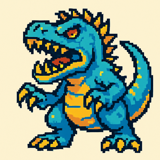 90'lardaki retro oyun dinazoru. vahşi olsun. mavi ile sarı karışımı bir renk olsun
In-Game asset.  2d.  High contrast.  No shadows