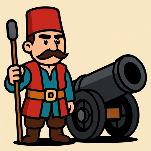 Animasyon çizgi dizi tarzında osmanlı topçusu ekle bu askerin yanında savaş topuda olsun.
In-Game asset.  2d.  High contrast.  No shadows