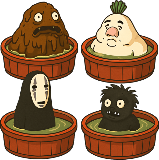 Japanese circle bath have different stink spirits from movie "spirited away". each one per bath. HD colors.
In-Game asset.  2d.  High contrast.  No shadows