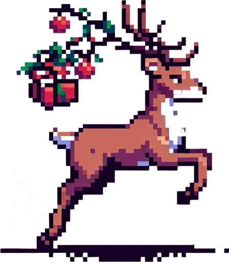 8 bit. raindeer bringing x-mas pressents. in game asset. Single Game Texture. In-Game asset. 2d. Blank background. High contrast. No shadows.