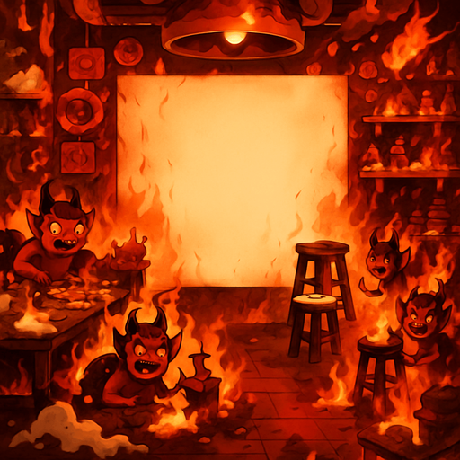 change santas to little devils and make everything chaotic and flames and snows. a whiteboard in the middle of the image as it is now